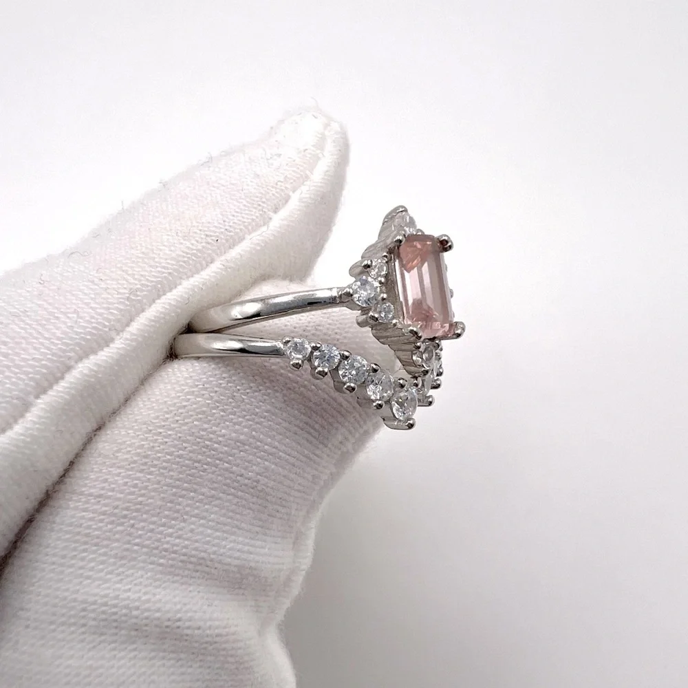 .925 Sterling Silver Light Morganite Cz & Clear Cz 2 PC Ring Set - Picture 12 of 17